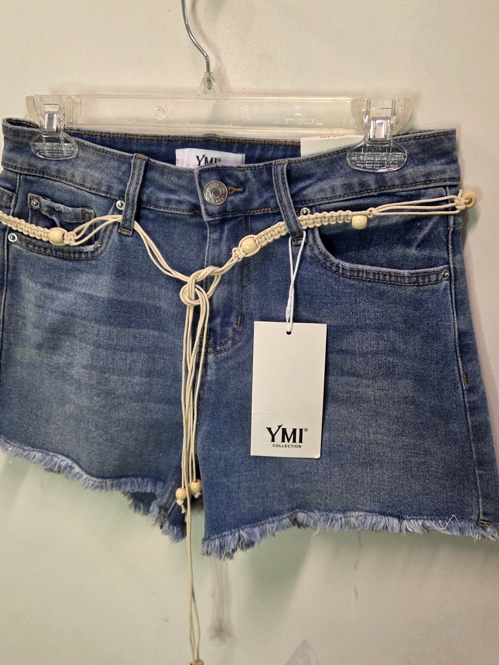 YMI NWT Distressed Denim Cutoff Shorts W/ Beaded Rope Belt Boho Festival